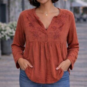 Lucky Brand Rust Embroidered Peasant Blouse Long Sleeve Boho Top Size Medium